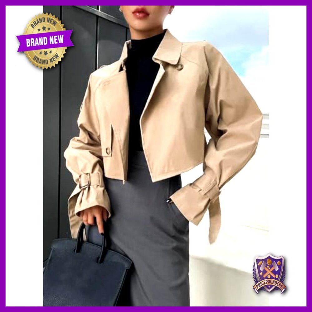 Cropped Trench Coat Classic Double-Breasted Lapel Y2K Chic Casual Outerwear - Picture 6 of 7